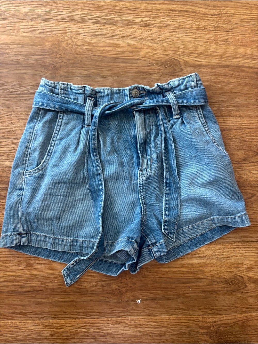 American Eagle Outfitters Light Blue Denim Paperbag Tie-Waist Shorts